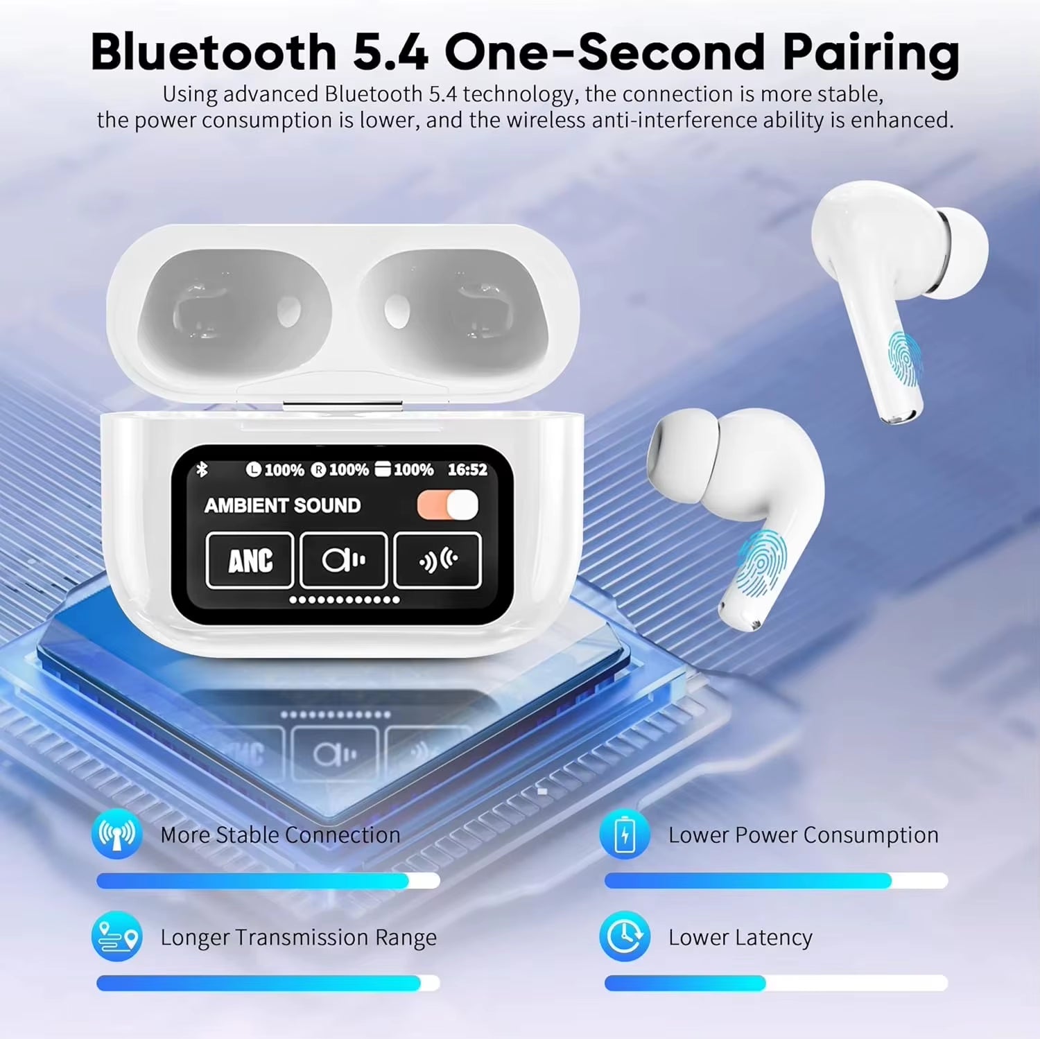 In Ear Earphones Wireless Earbuds Touch Control LCD Screen Earphone with ENC Noise Cancell Super Bass Premium Sound Long Battery