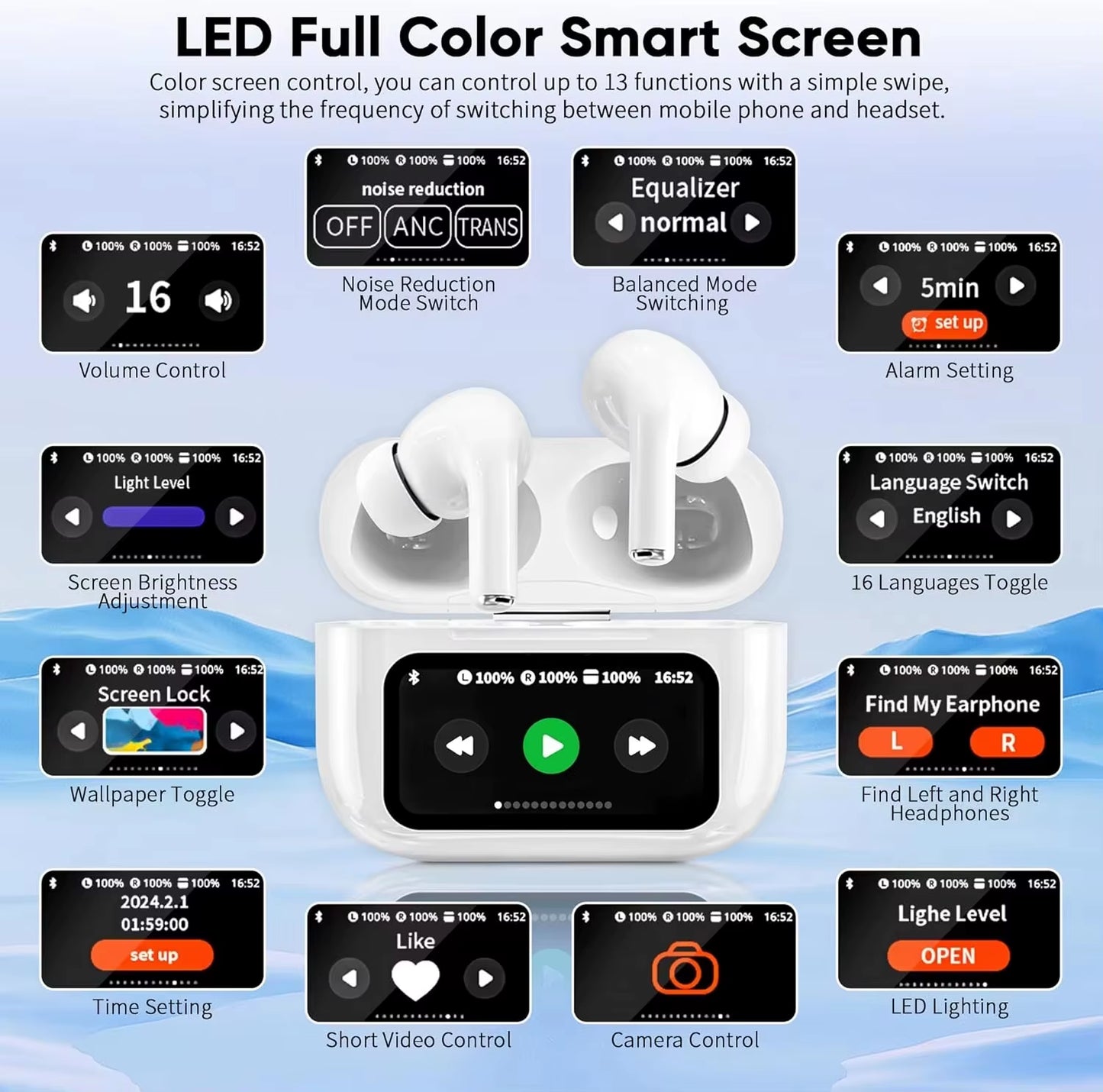 In Ear Earphones Wireless Earbuds Touch Control LCD Screen Earphone with ENC Noise Cancell Super Bass Premium Sound Long Battery